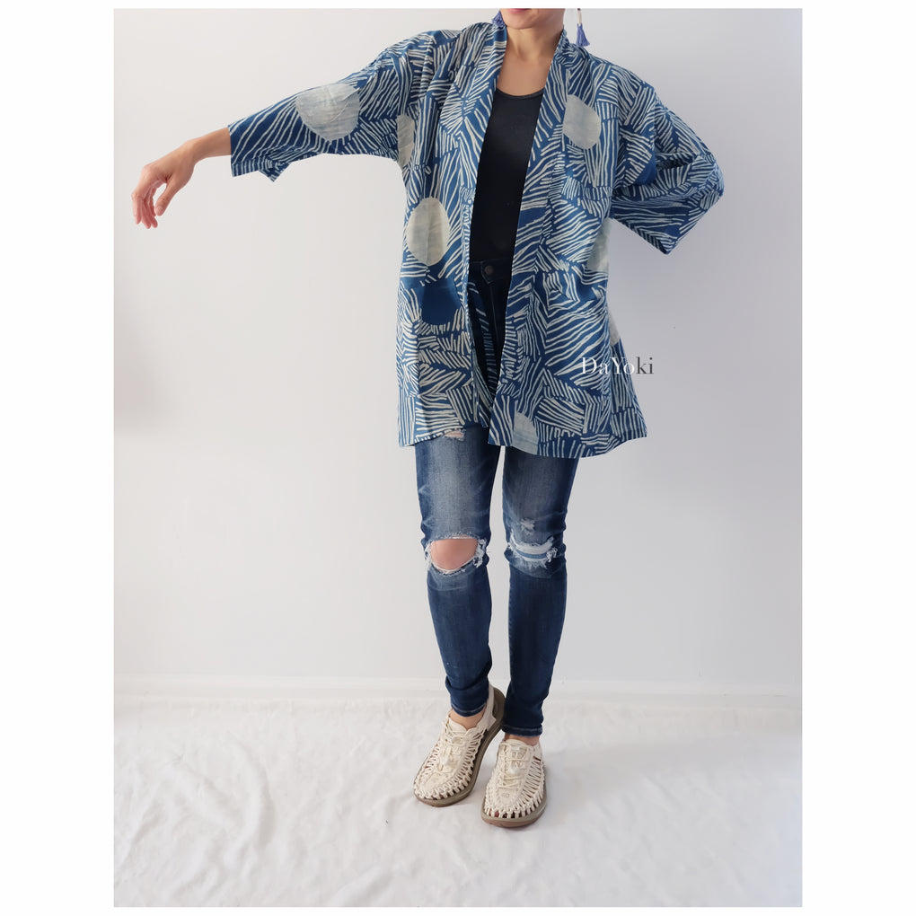 The Sun Block Print Blue White Indigo Mini Kimono