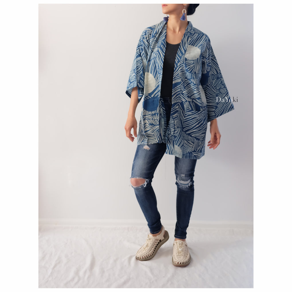 The Sun Block Print Blue White Indigo Mini Kimono