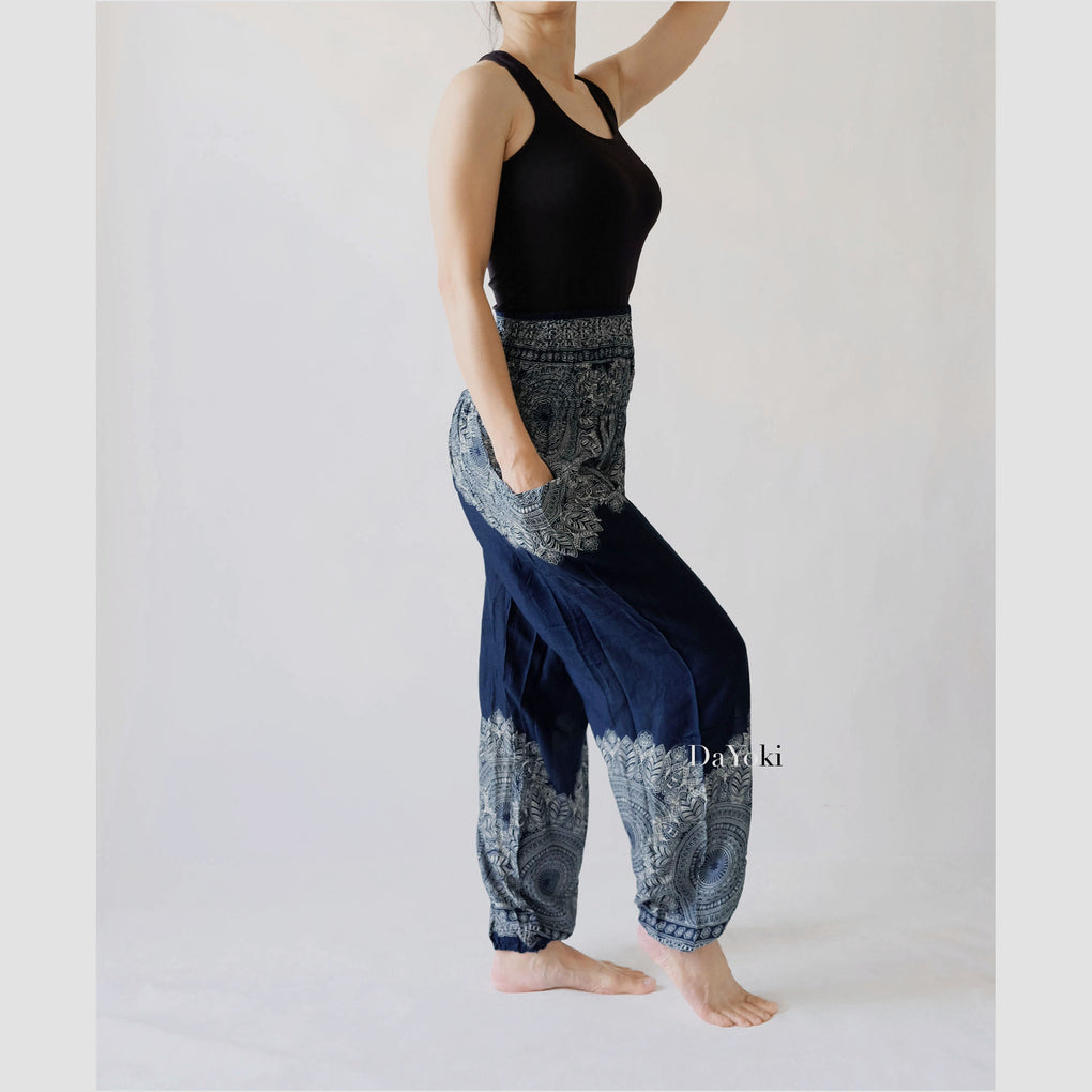 Comfy High Waisted Smocked Yoga Pants - Navy Floral Mandalas