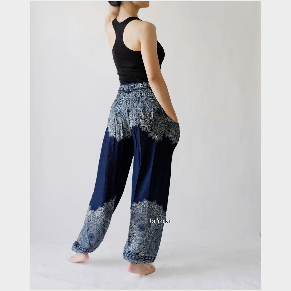 Comfy High Waisted Smocked Yoga Pants - Navy Floral Mandalas