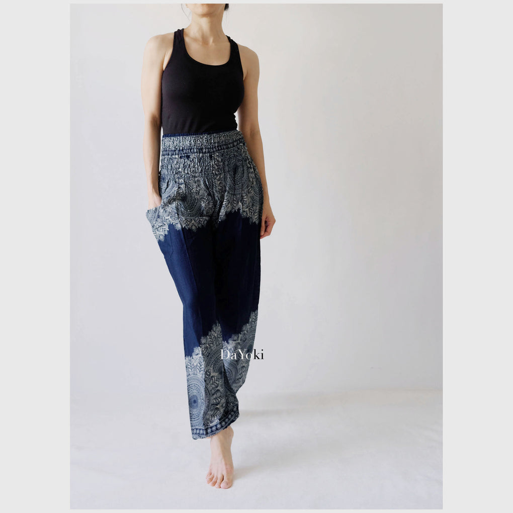 Comfy High Waisted Smocked Yoga Pants - Navy Floral Mandalas