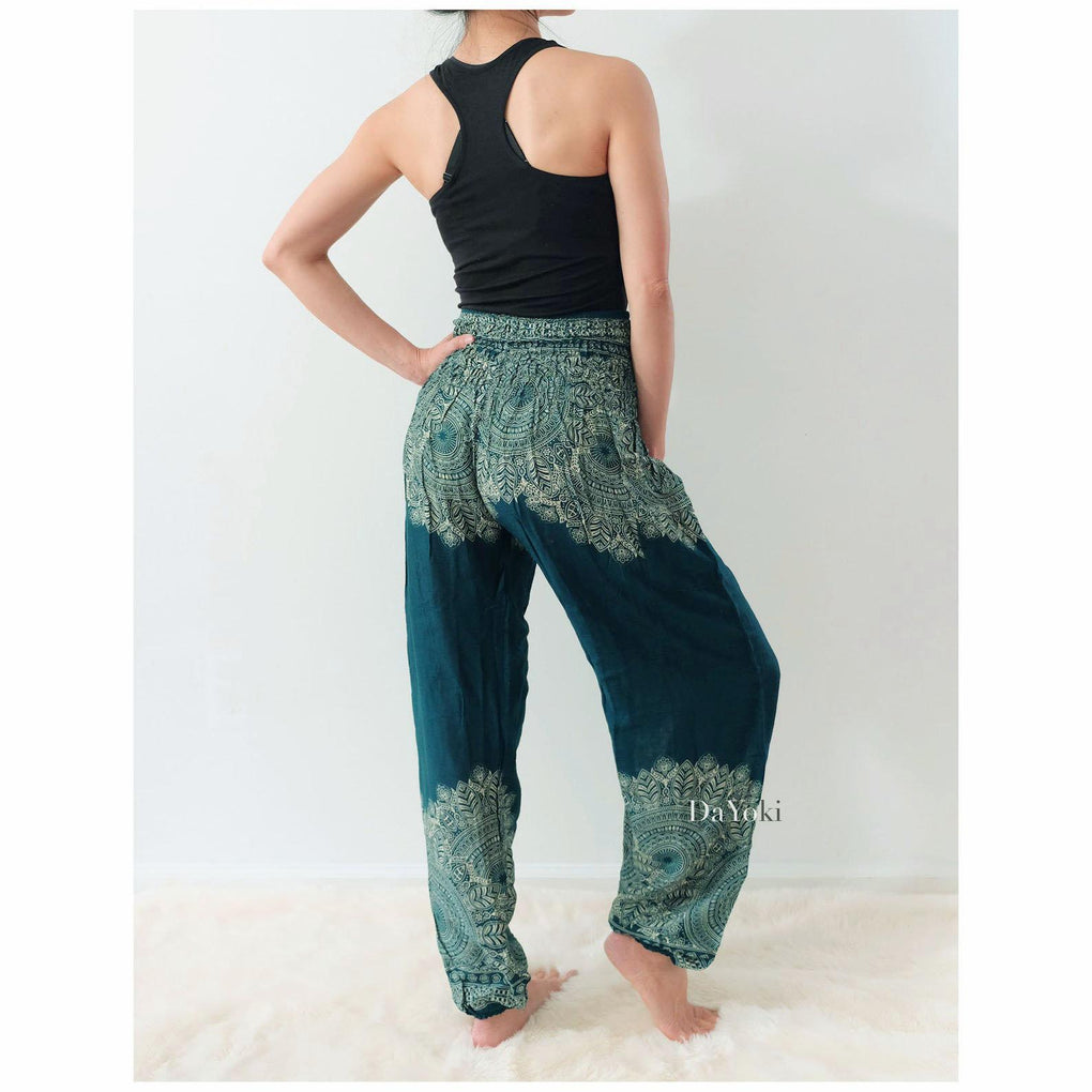 Comfy High Waisted Smocked Yoga Pants - Emerald Green Floral Mandalas